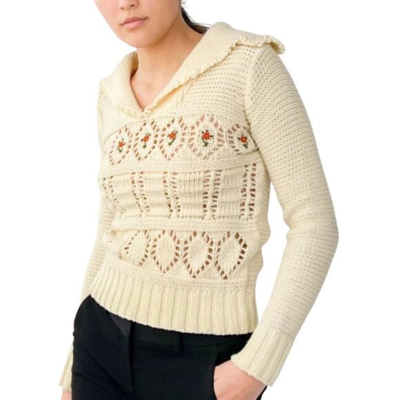 Beewear Womens Small Vintage Open Crochet Ivory Floral Collar Sweater - Picture 1 of 15